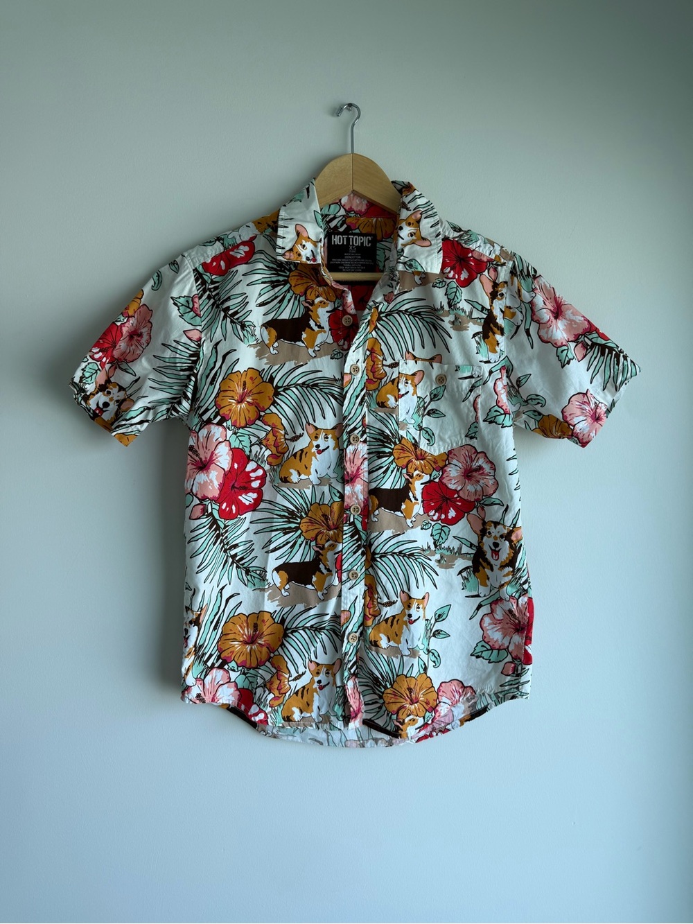 Hot Topic Corgi Tropical Floral Hawaiian Shirt XS